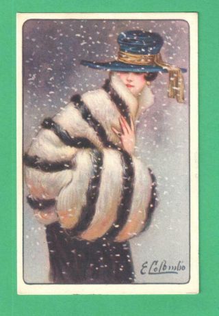 Vintage Colombo Art Postcard Fashionable Lady Ring Mink Coat & Muff Snow