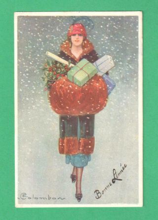 1922 Colombo Christmas/new Year Postcard Fashionable Lady Gifts Muff Snow