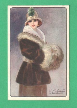Vintage Colombo Art Postcard Fashionable Lady Hat Feathers Muff