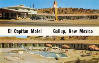Gallup Mexico El Capitan Motel Poolside Route 66 1950s Cars Postcard