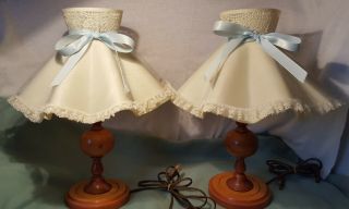 Mid Century Teak Wood Table Lamps With Plastic Lace Shades Vintage