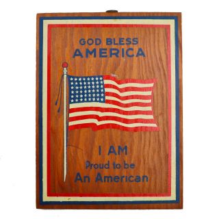 Vintage Patriotic Art Co.  God Bless America Flag Wood Postcard