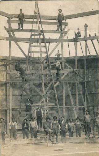 Vintage Rppc Building Oil Tank In Oklahoma,  Workers,  Scaffolds Photo Postcard