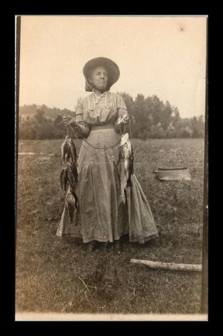 Dr Jim Stamps Us Woman With Fish Real Photo Postcard Rppc
