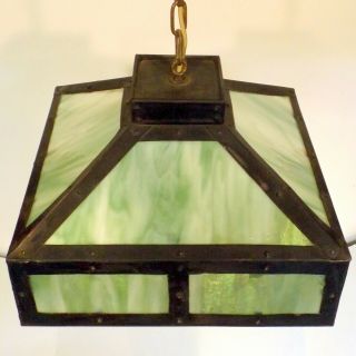 Antique Mission Arts Crafts Hanging Green Slag Glass Ceiling Lamp Light Fixture 10