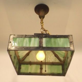 Antique Mission Arts Crafts Hanging Green Slag Glass Ceiling Lamp Light Fixture 11