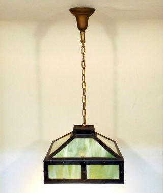 Antique Mission Arts Crafts Hanging Green Slag Glass Ceiling Lamp Light Fixture