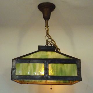 Antique Mission Arts Crafts Hanging Green Slag Glass Ceiling Lamp Light Fixture 2
