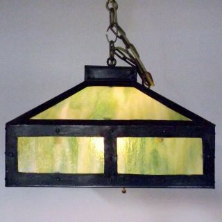 Antique Mission Arts Crafts Hanging Green Slag Glass Ceiling Lamp Light Fixture 3