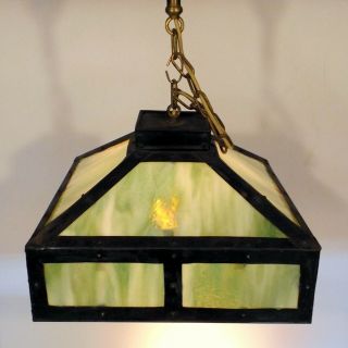 Antique Mission Arts Crafts Hanging Green Slag Glass Ceiling Lamp Light Fixture 4