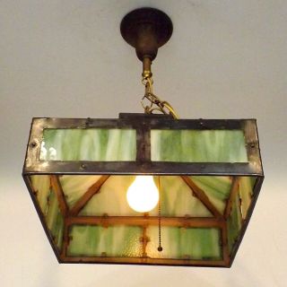 Antique Mission Arts Crafts Hanging Green Slag Glass Ceiling Lamp Light Fixture 5