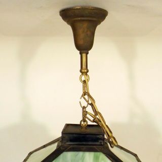 Antique Mission Arts Crafts Hanging Green Slag Glass Ceiling Lamp Light Fixture 7