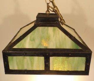 Antique Mission Arts Crafts Hanging Green Slag Glass Ceiling Lamp Light Fixture 8