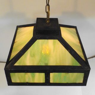 Antique Mission Arts Crafts Hanging Green Slag Glass Ceiling Lamp Light Fixture 9