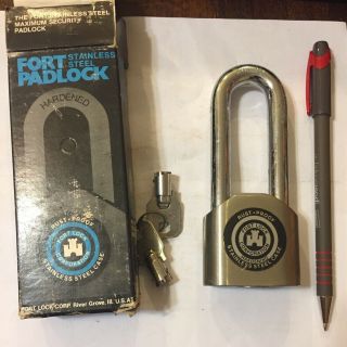 Vintage Fort Lock Corp Chicago Stainless Steel Case Padlock Hardened 8 Pin Tumb