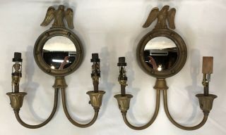 Pair Antique Federal Style Brass Eagle Wall Sconces Convex Bulls Eye Mirrors