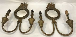 Pair Antique Federal Style Brass Eagle Wall Sconces Convex Bulls Eye Mirrors 2