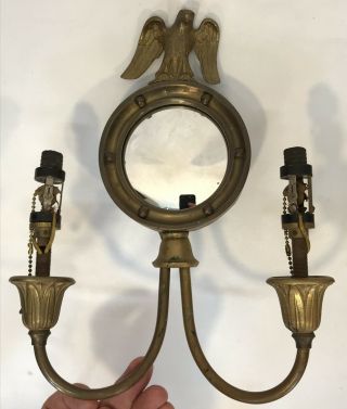 Pair Antique Federal Style Brass Eagle Wall Sconces Convex Bulls Eye Mirrors 3