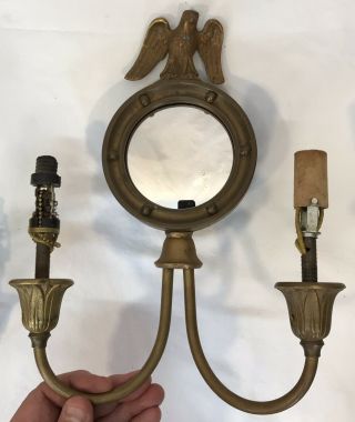 Pair Antique Federal Style Brass Eagle Wall Sconces Convex Bulls Eye Mirrors 4