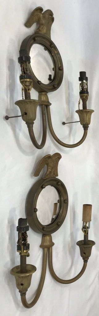 Pair Antique Federal Style Brass Eagle Wall Sconces Convex Bulls Eye Mirrors 5