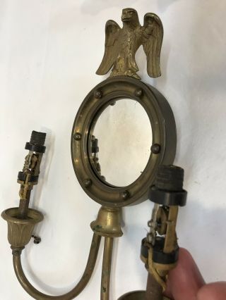 Pair Antique Federal Style Brass Eagle Wall Sconces Convex Bulls Eye Mirrors 6