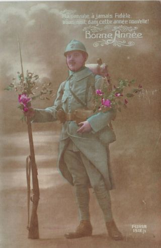 World War 1 France Postcard 1914 - 1919 Wwi Soldier With Gun & Bayonet