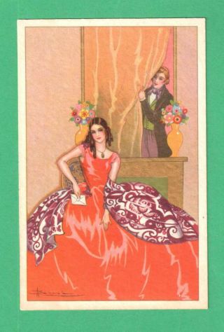 Vintage Busi Art Deco Postcard Lady Card Gent Flowers Fireplace