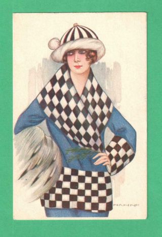 1920 Nanni Art Postcard Fashionable Lady Checked Coat Striped Hat Muff
