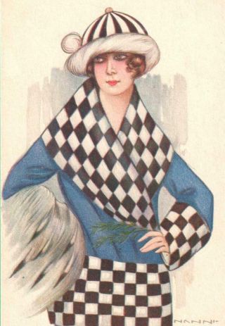 1920 NANNI ART POSTCARD FASHIONABLE LADY CHECKED COAT STRIPED HAT MUFF 2