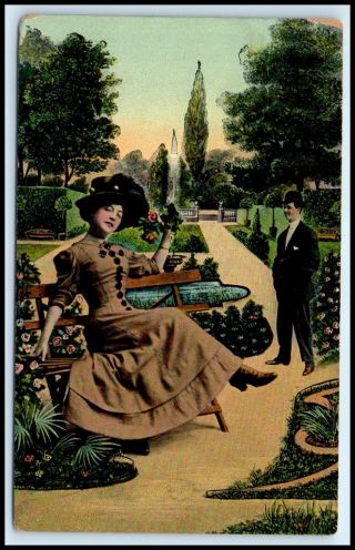 Early Romantic Postcard - Pretty Woman Sitting On Bench Man In Hat Watching (c23)