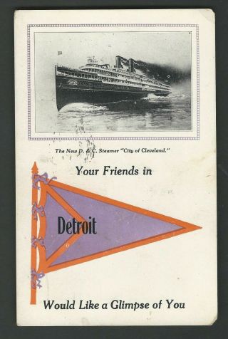 Steamship City Of Cleveland D&c Steamer 1918 Flag Postcard