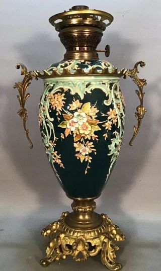1900 Antique English Majolica Pottery Old Edwardian Reform Rund Brenner Oil Lamp