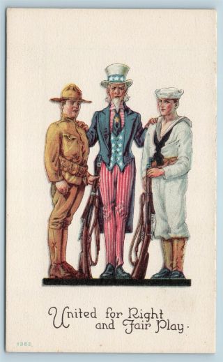 Postcard Patriotic Uncle Sam With Doughboy & Sailor United Right Fair Play Q15