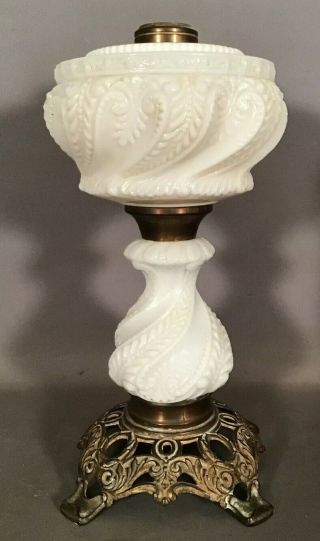 Ca.  1910 Antique Art Nouveau Era Opalescent Old Pressed Glass Floral Oil Lamp