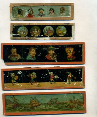 Group Of 9 Early Glass Magic Lantern Slides - Indians,  Ships,  Nursery Rhymes