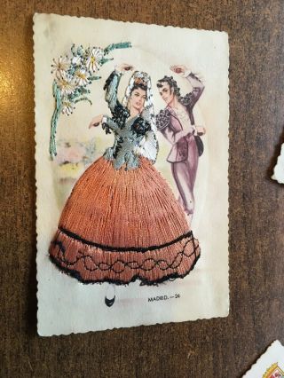 VINTAGE SPANISH EMBROIDERED SILK POSTCARD - LADY IN BLACK WITH ROSE. 4