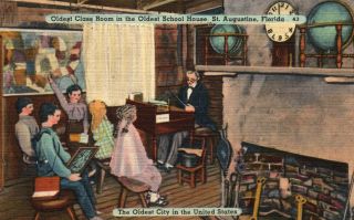 St.  Augustine,  Fl,  Oldest School House,  Class Room,  Linen Vintage Postcard F9563