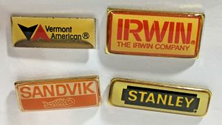 4 Hardware & Tool Ad Logo Pins - Stanley,  Sandvik,  Irwin & Vermont American