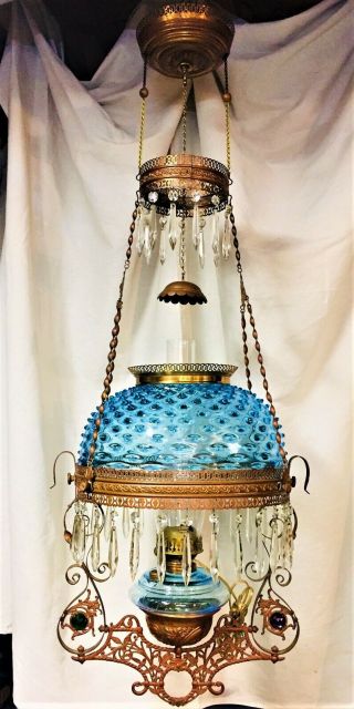Bradley & Hubbard (b&h) Victorian Jeweled Hanging Lamp; " Blue " Hobnail Shade