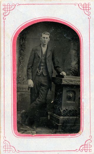 1860 - 1869 Tintype Very Tall Man With Watch Chain,  By Table Photograph