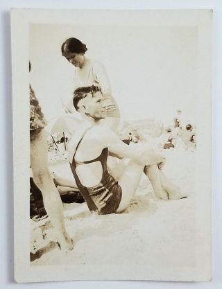 Vintage Snapshot Photograph Man Sitting In The Sand Swimsuit Beach 1932 Gay Int