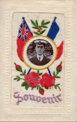 Unknown Royal Navy Officer: Rare Ww1 Patriotic Embroidered Silk Postcard