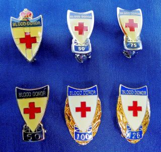 6 Australian Red Cross Blood Donor Badges; Plain,  50 (x 2),  75,  100 & 125 Litres