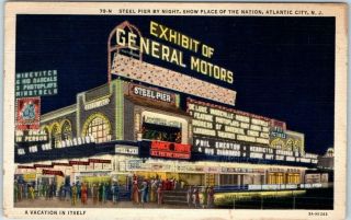 Atlantic City Postcard " Steel Pier By Night " General Motors Exhibit 1934 Linen