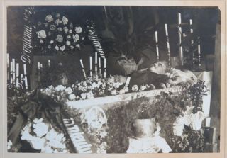 Vintage Postmortem Photograph of Older Turkish Man in Casket w Flowers Candles 2
