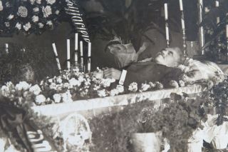 Vintage Postmortem Photograph of Older Turkish Man in Casket w Flowers Candles 3