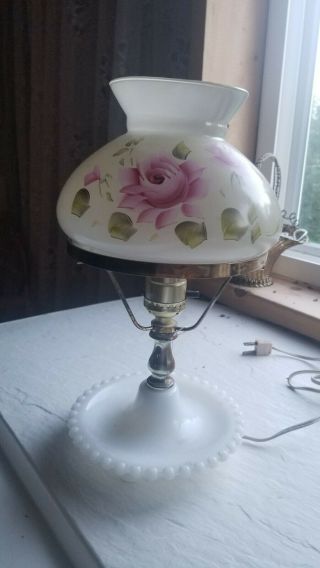 Vintage Hobnail Milk Glass Lamp With Hand Painted Pink Rose Hurricane Shade