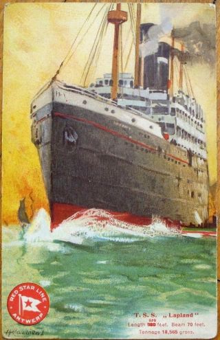Red Star Line Steamer/steamship 1908 Color Litho Ship Postcard: Tss Lapland