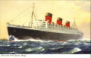 Steamship Rms Queen Mary Cunard Artist Signed Nautical Postcard
