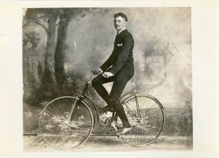 Vintage B/w Photo - Man On An Antique Bike / Bicycle